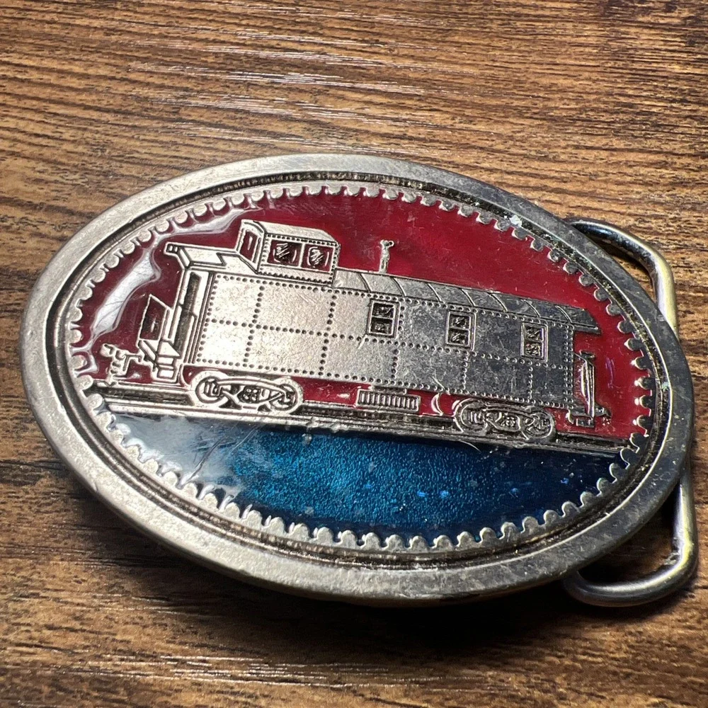 Vintage Belt Buckle Train Railroad Caboose American Red Metal Oval Engraved 2264